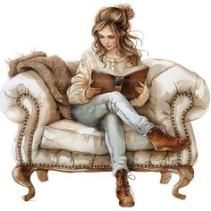 a watercolor painting of a woman sitting on a couch reading a book and looking at her phone