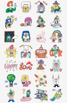 an assortment of cartoon stickers on a white background