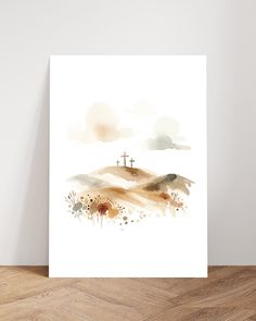 a watercolor painting of a cross on top of a hill