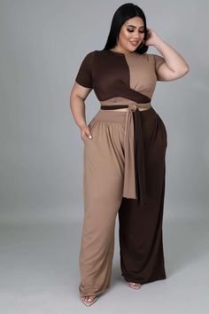 Two-piece set Crop top Round neckline Short sleeves Self-tie No closure High waisted pants Wide legs Pockets No closure 96% polyester 4% spandex Hand wash cold Model is wearing a 2X MODEL STATS Height: 5.6" Bust:34" / Waist:25" / Hips:41" Brown Wide Leg Pants Outfit, Plus Size Crop Top Outfit, Jesenia Perez, Plus Size Crop Top, Gala Outfits, Summer Two Piece Outfits, Tan Outfit, Plus Size Crop Tops, Gala Outfit