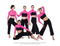 a group of women in black and pink outfits