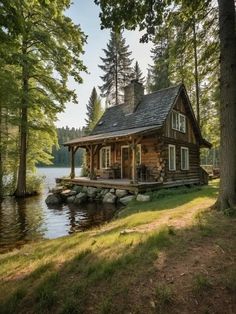 a log cabin sits on the shore of a lake