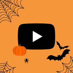 an orange background with black and white spider webs, bats and a television screen