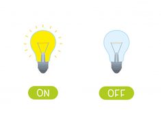 two light bulbs with the words on and off written below them, one is yellow