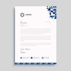 a blue and white letterhead with geometric shapes on the bottom, and an image of a