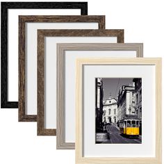 four different frames with a yellow tram in the middle