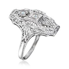 Ross-Simons - C. 1950 Vintage .15ct t. w. Diamond Heart Filigree Ring in 18kt White Gold. Size 6. C. 1950. Show off your impeccable taste with this fantastic ring from our Estate collection, featuring .15 ct. t. w. round brilliant-cut diamonds in heart stations and a sizable silhouette that will remind your admirers of its Retro-era origins. Finished with filigree openwork as lovely as lace. 3/4" wide. Diamond heart filigree ring. Exclusive, one-of-a-kind Estate Jewelry. Diamond birthstones are Retro Era, Diamond Birthstone, 1950 Vintage, Filigree Ring, Jewelry Diamond, Vintage Diamond, Diamond Heart, Round Brilliant Cut Diamond, Estate Jewelry