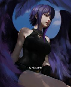 a woman with purple hair sitting on top of an angel's wing in front of a blue sky