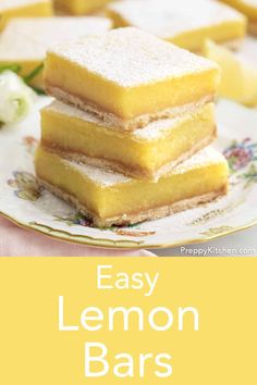 lemon bars stacked on top of each other with the words easy lemon bars written below