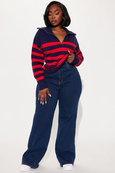 Available In Navy/Red And Black/White. Striped Pullover Sweater Quarter Zip Collar Long Sleeve Ribbed Detail 50% Rayon 30% Polyester 20% Nylon Imported | Nadine Striped Quarter Zip Sweater in Navy Blue/Red size Large by Fashion Nova Red Casual Outfit, Striped Pullover, Zip Collar, Blue Jumper, Quarter Zip Sweater, Red Sweater, Women Hoodies Sweatshirts, Zip Sweater, Red Sweaters