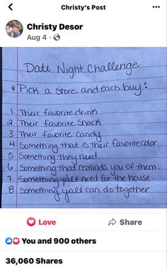 a note that is posted to someone about their date night challenge and other things on the page