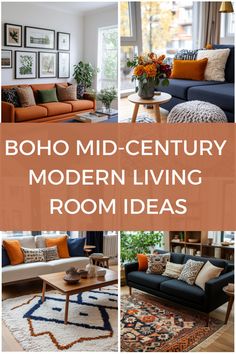 Collage of modern living rooms with boho mid-century decor and vibrant textiles. African Boho Living Room Modern, Mid Century Modern Mixed With Traditional, Modern Boho Style Living Room, Century Modern Living Room, Mid Century Bohemian Decor, Mid Mod Decor, Mid Century Furniture Design, Colorful Mcm Living Room