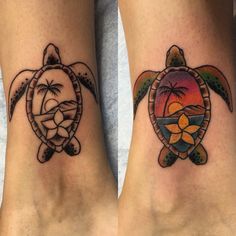 two tattoos on the legs of people with turtles