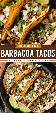 two images side by side with text that reads crock pot barbacoa tacos