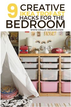 a bedroom with pink and white storage bins on the floor, and text overlay that reads 9 creative hacks for the bedroom