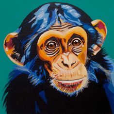 a painting of a monkey with blue and yellow colors on it's face, against a green background