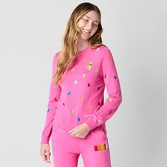 Part of the JCPenney x HARIBO limited-time collection, this juniors sweater has a fitted silhouette and embellished with colorful gummy bears along the front. Crafted from soft pink knit and features a crew neckline, long sleeves, ribbed trims, and an embroidered logo at the front hem. Pair it with the collections pull-on fleece pants for a complete look.Features: Easy To Remove, EmbroideredClosure Type: Pullover HeadFit: FittedNeckline: Crew NeckSleeve Length: Long SleeveSleeve Style: Fitted Sl Playful Pink Crew Neck Sweater, Playful Crew Neck Tops With Ribbed Cuffs, Playful Pink Loungewear Sweater, Playful Relaxed Fit Winter Tops, Playful Relaxed Fit Tops For Winter, Playful Crew Neck Sweater With Ribbed Cuffs, Playful Winter Tops With Ribbed Cuffs, Pink Sporty Sweater For Spring, Sporty Pink Sweater For Spring