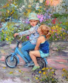 a painting of two children on a bike