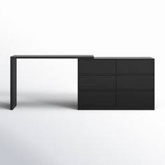 a black desk with drawers and a white background