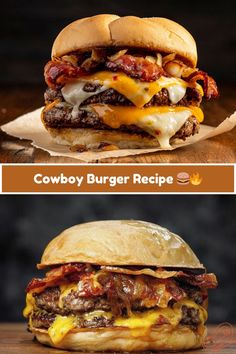 two different burgers with cheese and meat on them, one is bacon and the other has