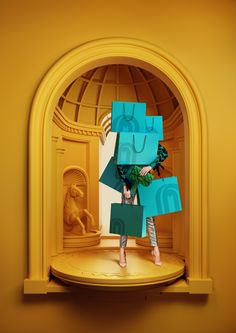 a woman standing on top of a shelf holding shopping bags