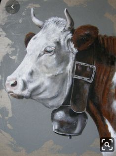 a painting of a cow's head with a bell on its ear and another cow in the background