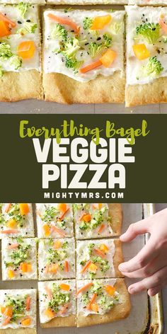 the veggie pizza has been cut into squares and is ready to be eaten