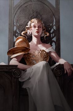 a woman sitting on top of a chair wearing a white dress and gold headpiece