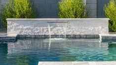 a water fountain in the middle of a swimming pool surrounded by greenery and shrubbery