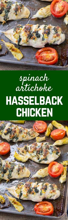 spinach and artichoke hasselback chicken on a baking sheet with tomatoes