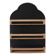 a black and wood shelf with three shelves on each side, against a white background