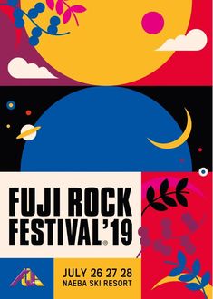 an advertisement for the fuji rock festival in japan, with different colors and designs on it