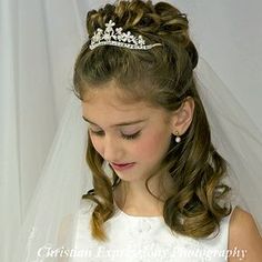 Rhinestone metal first communion tiara with crystals and pearl flowers. Click photo to view additional images. Select first communion veil if desired ( white with rolled edge and pearls )... Communion Tiara, Communion Headpiece, Childrens Hairstyles, Communion Veils, Girl Hair Dos