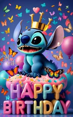 a cartoon character sitting on top of a birthday cake with balloons and butterflies around it