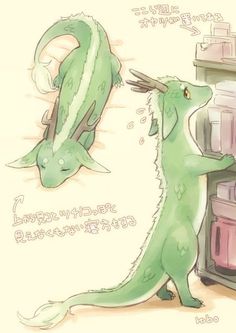 a drawing of a green dragon reaching into a refrigerator