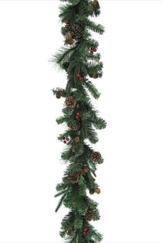 a christmas garland with pine cones and red berries hanging from it's side on a white background