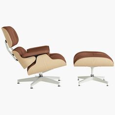 the eames chair and ottoman is shown in two different color options, including brown leather