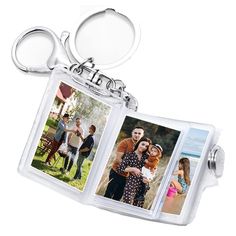 two photos are attached to a keychain that is shaped like an acrylic