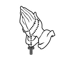 an image of a rosary and praying hands with beads on the cross line art style