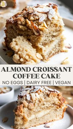 a close up of a piece of cake on a plate with the words almond croissant coffee cake