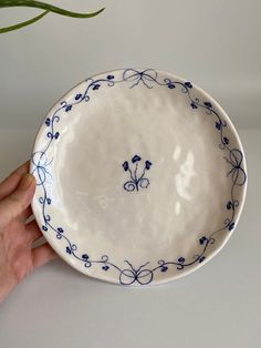 a hand is holding a blue and white bowl with flowers on the rim, in front of a plant