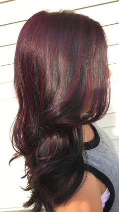 Magenta highlights Brunette Color Highlights, Black N Purple Hair, Red And Purple Highlights On Dark Hair, Dark Pink And Black Hair, Chunky Highlights Dark Hair, Chunky Highlights On Dark Hair, Chunky Streaks Hair, Dark Red Hair With Pink Highlights, Dark Purple Hair With Highlights