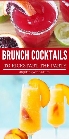 two cocktails with orange slices on top and the words brunch cocktails to kickstart the party