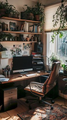 a home office with plants on the shelves and a computer desk in front of a window