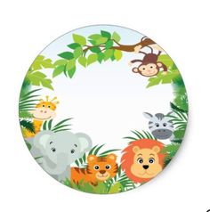 an animal themed plate with jungle animals and monkeys on it's face, surrounded by green leaves