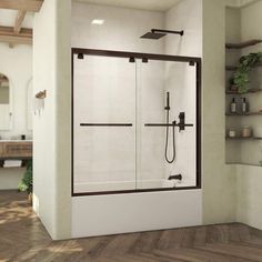 a bathroom with a walk in shower next to a wooden floor and shelves on the wall