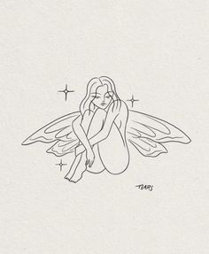 a black and white drawing of a fairy sitting on the ground with her hands behind her back