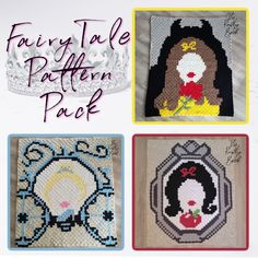 four different pictures of cross stitch items with the words fairy tale pattern pack on them