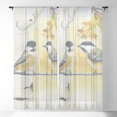 three birds are sitting on a branch in front of the sun window curtain panel set