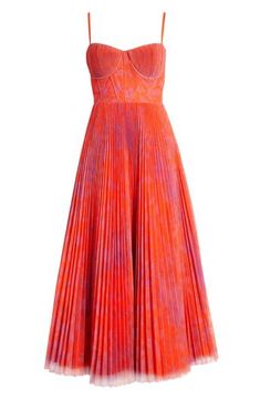 Vibrant flowers adorn a busier-inspired dress crafted in a fit-and-flare silhouette with an elegantly structured bodice and flowy pleated skirt. 55" length Sweetheart neck Adjustable straps Lined 100% polyester Dry clean Imported 70s Inspired Wedding Guest Dress, Texas Chic Dress, Interesting Formal Outfits, Palm Beach Wedding Guest Dress, Pleated Dress Outfit Classy, Pastel Orange Dress, Orange Wedding Guest Dress, Unique Wedding Guest Dress, Wedding Guest Dresses Spring